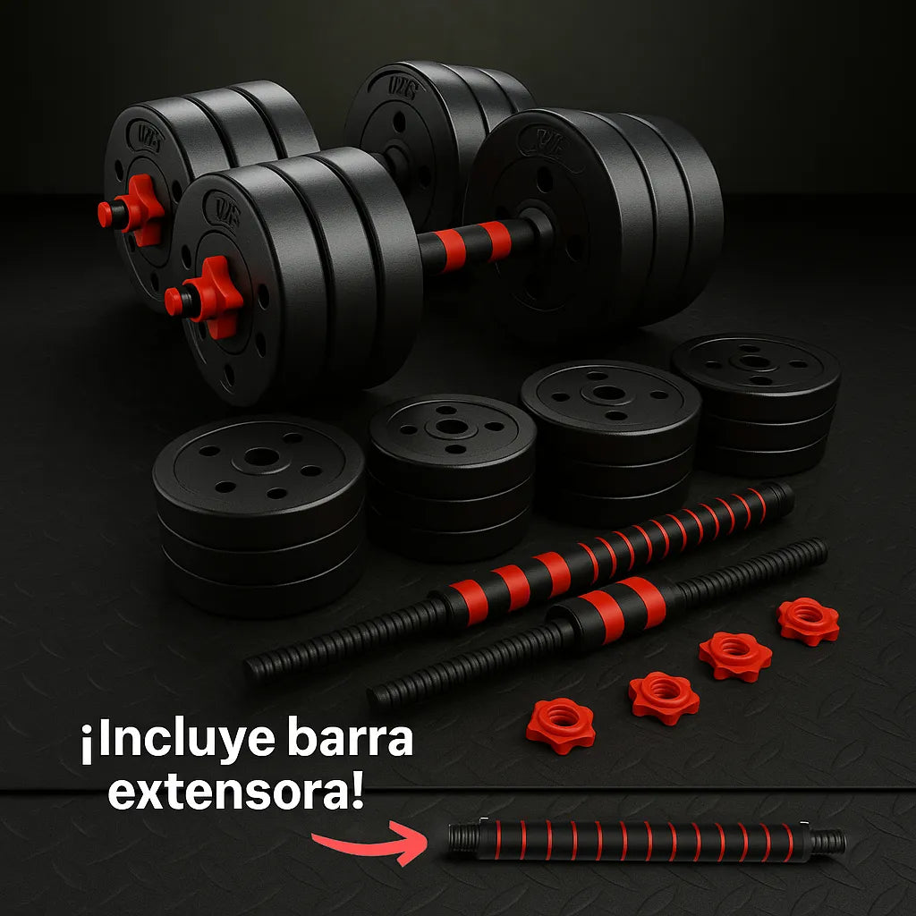 🔥 Kit Mancuernas 40 KG + ¡Barra Larga Extensora GRATIS!