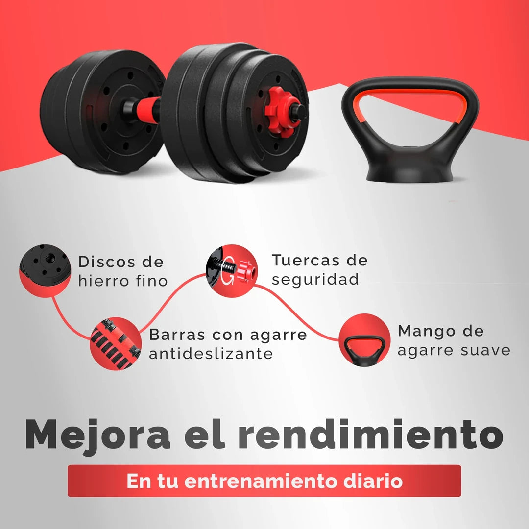 🔥 Kit de Mancuernas 20 KG + Guantes + Muñequeras + ¡Kettlebell Rusa GRATIS!
