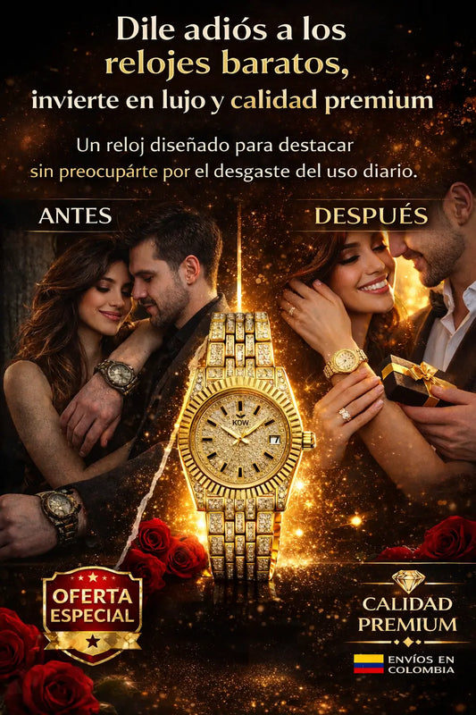 Reloj de lujo oro laminado 14k y piedras tipo diamantes