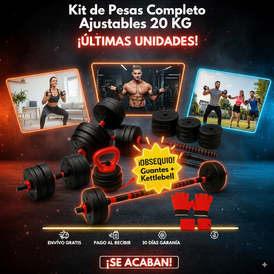 🔥 Kit de Mancuernas 20 KG + Guantes + Muñequeras + ¡Kettlebell Rusa GRATIS!