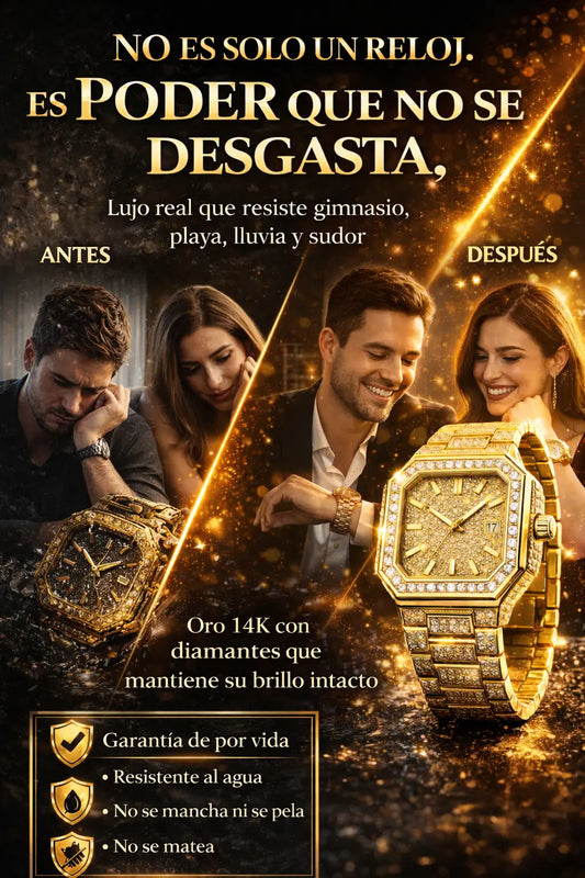 Reloj de lujo oro laminado 14K con piedras tipo diamantes