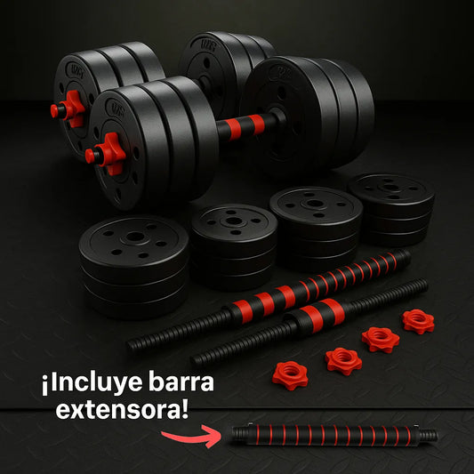 🔥 Kit Mancuernas 40 KG + ¡Barra Larga Extensora GRATIS!