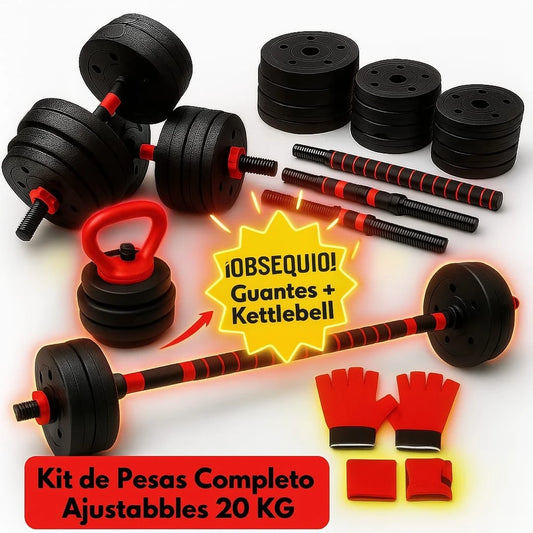 🔥 Kit de Mancuernas 20 KG + Guantes + Muñequeras + ¡Kettlebell Rusa GRATIS!